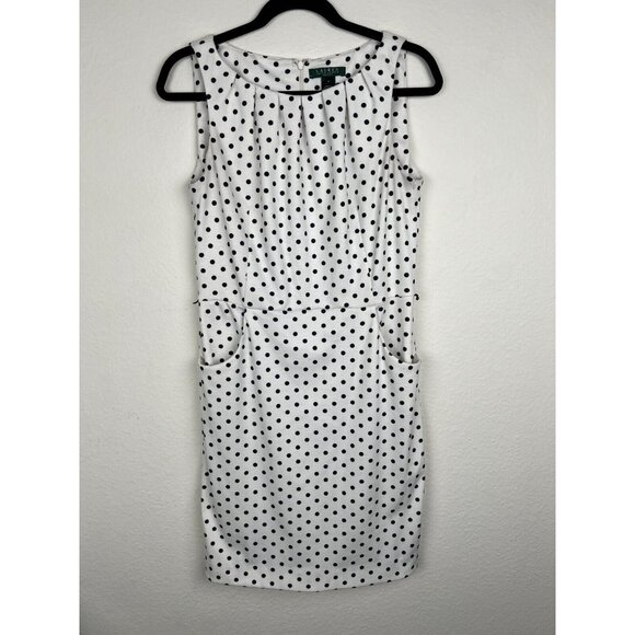 LRL Ralph Lauren Dress 10 White Black Polka Dot Sleeveless Sheath Pintuck - Picture 1 of 13